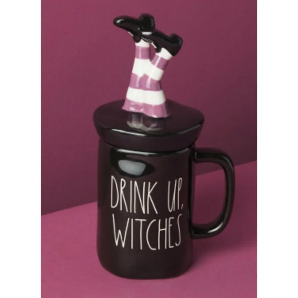 Rae Dunn Mug DRINK UP‎ WITCHES Witch Legs Figural Topper Lid Black Halloween